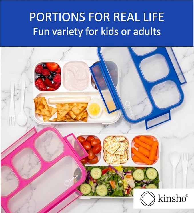 Bento Lunch-Box For Kids And Adults: Lunch Boxes With 4 Sealed Compartments, Divided Containers For Boys Girls Women Men - School Work Portion Container, Utensils, Blue + Rose Pink 2 Pack Set