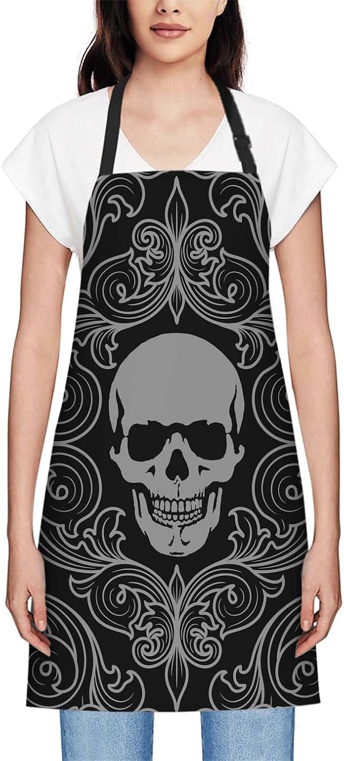 oFloral Human Skull Halloween Apron,Adjustable Neck Bib Apron for Men Women,Suitable for Kitchen Cooking Waitress Chef Apron