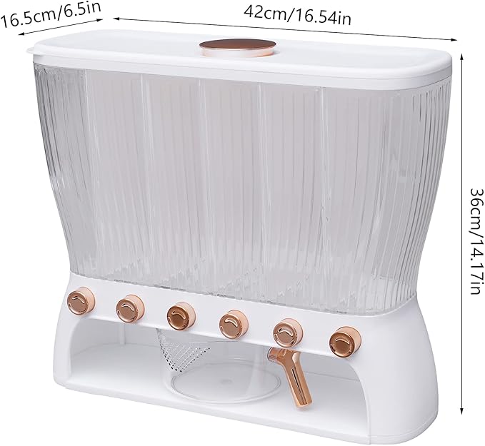 6 Grids Grain Dispenser Can, Cereal Rice & Grain Storage Container 6 Grid Beans Dispenser with Measuring Cup Wall mounted Dry Food Grain Dispenser for Grains Rice Dry Food Beans (White and Gold)