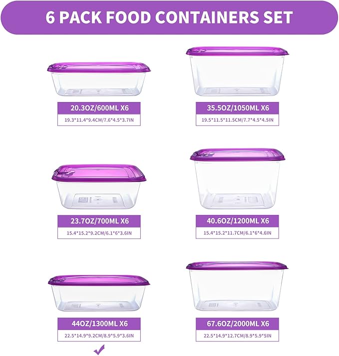 KIGI Plastic Food Containers, Snap-on Lids, BPA-Free, Vented & Microwave Safe for Leftovers, Stackable, Lightweight & Portable for on-the-go (5.4 Cup 6 PACK)
