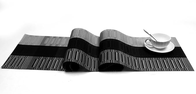 SHACOS Table Runners Woven Vinyl PVC Table Runners 12 x 90 inch Wipeable Heat Resistant Runner for Tables Countertop Indoor Outdoor, Bamboo Ombre Black and Gray