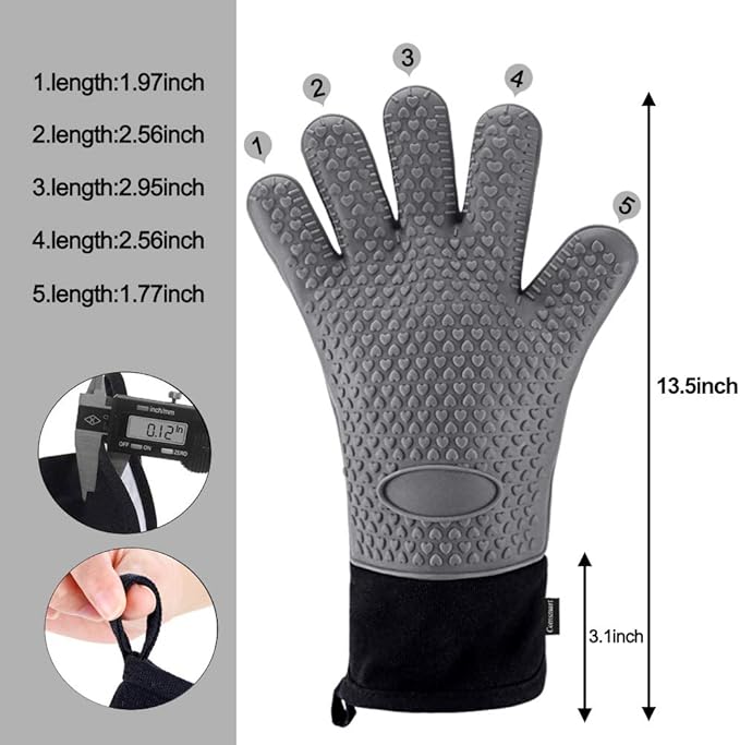 Comsmart BBQ Gloves, Heat Resistant Silicone Grilling Gloves, Long Waterproof BBQ Kitchen Oven Mitts with Inner Cotton Layer for Barbecue, Cooking, Baking, Smoker-Grey