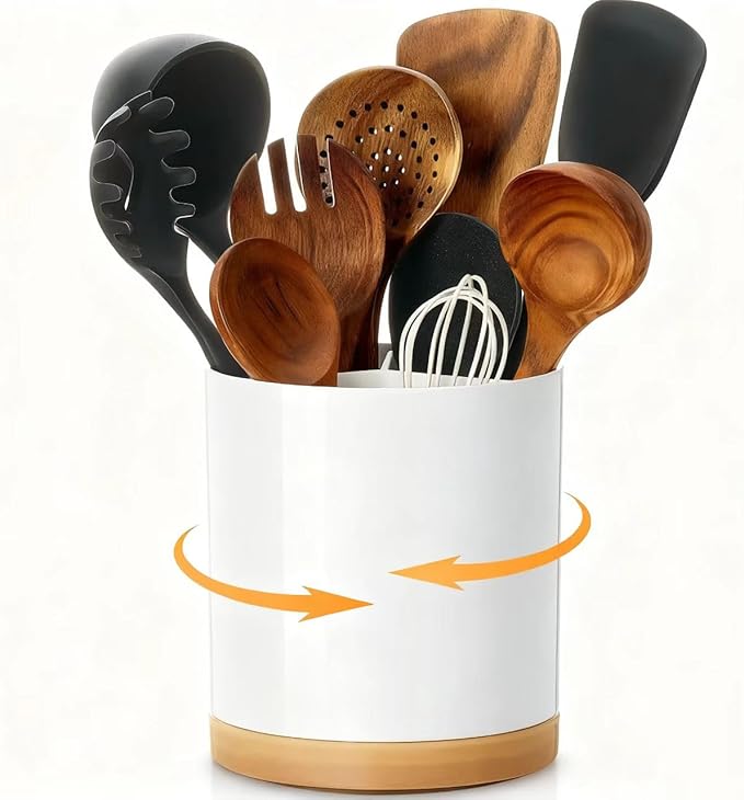 Meolibour Extra Large Porcelain Like Kitchen Cooking Utensil Holder, 360° Rotating Utensil Crock, 7.2" Unbreakable for Countertop, for Farmhouse Kitchen Decor with Rotatable and Detachable Base