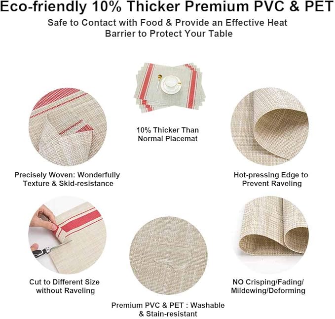 GIVERARE Placemats Set of 6, Heat-Resistant Woven Vinyl Placemat, Non-Slip Washable PVC Table Mat, Easy to Clean Premium Plastic Mats at for Dining, Kitchen Table (Stripe Red)