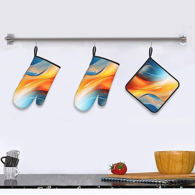 Burnt Orange Blue Abstract Fluid Oven Mitts and Pot Holders Sets of 3, Heat Resistant Non-Slip Boho Modern Kitchen Gloves Gift for Cooking Lover, Stylish Kitchen Decor for Baking BBQ Cooking Grilling