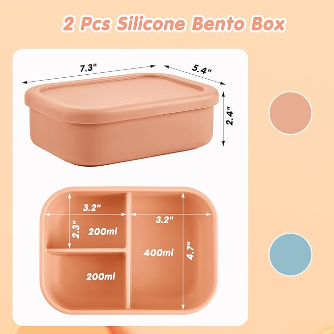 Layhit 2 Pcs Silicone Bento Box for Adults, 27 oz Bento Lunch Container Reusable 3 Compartment Lunchable Food Container for Women Men, Leak Proof Microwave Dishwasher Freezer Safe (Orange, Gray Blue)