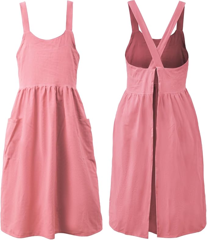 Uaussi Cotton Linen Apron Cross Back Work Apron for Women with Pockets Pinafore Dress X Cross Halter Apron for Chef Gardening