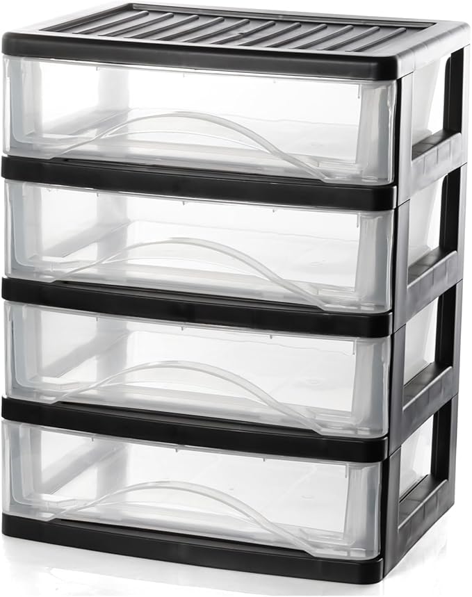BYCY 4-Drawer Clear Stacking Desktop Organizer for Office Supplies Small Business Organization, Stackable Storage Drawers Plastic Storage Bins For Kitchen Cabinets, Pantry, Home Organization