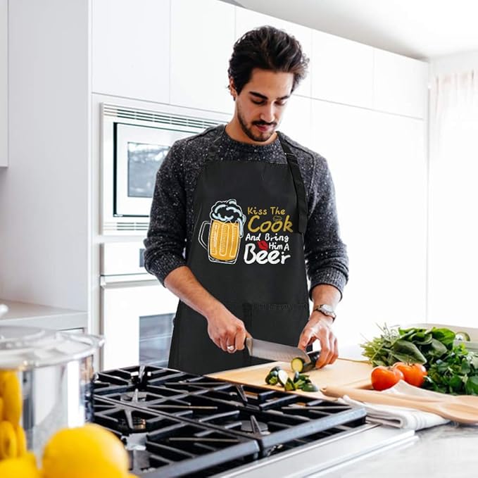ZOORON Funny Black Chef Aprons for Men Adjustable BBQ Grill Kitchen Cooking Aprons with Pockets, Grill Accessories