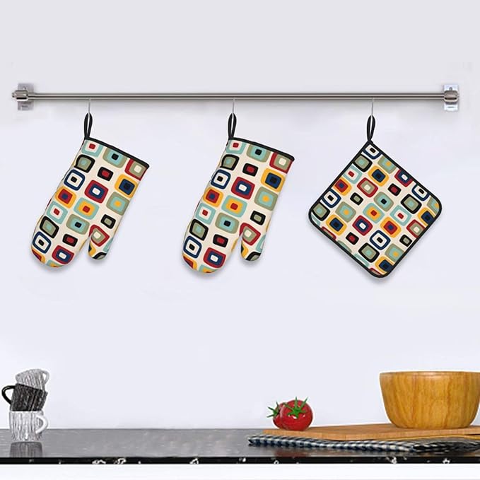 Mid Century Modern Retro Oven Mitts and Pot Holders Sets of 3 Heat Resistant Non Slip Vintage Decorative BBQ Gloves for Cooking Grilling Baking Kitchen Decor