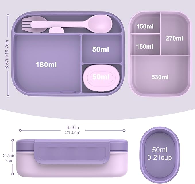 Caperci Stackable Bento Lunch Box for Adult & Teens - Reinforced Leak-Proof Lunch Container 4-Compartment with Utensils & Sauce Container, BPA-Free, Dishwasher/Microwave Safe, 47oz (Orchid Bloom)