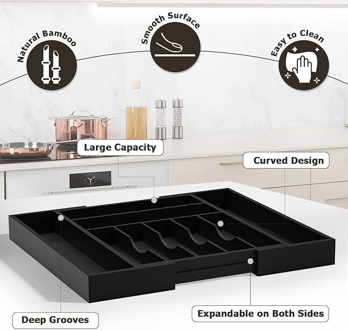Utensil Organizer Silverware Drawer Organizer - Bamboo Expandable Cutlery Tray with Dividers for Utensil Holder Office Storage Makeup Desk Drawer Tool Organization W13.5"-19.5" x L17.5" x H2.5"(Black) | Expandable, Cutlery Tray, with Dividers, Utensil ...