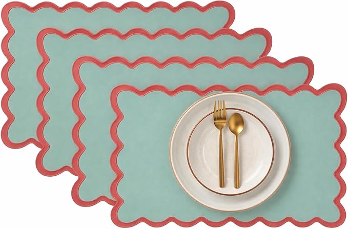 Folkulture Placemats Set of 4 (13 x 19) | 100% Cotton, Cute, Heat Resistant,Machine Washable Scalloped Place Mats | Green & Red Rectangular Cloth Table Placemats or Dining Table Mats for Dinner Party