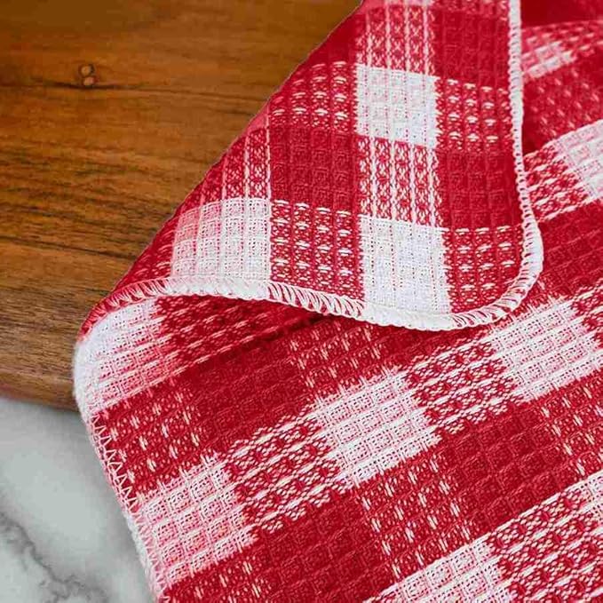 Blue Needles Set of 8 Waffle Weave Check Plaid Dish Cloths, 12x12 Inches 100% Cotton Dish Towels for Kitchen, Ultra Soft & Absorbent Kitchen Towels for Quick Drying Spring Summer - Burgundy & White