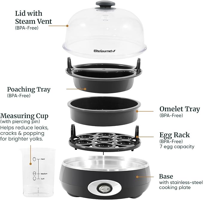 Elite Gourmet EGC007CHC# Rapid Egg Cooker, 7 Easy-To-Peel, Hard, Medium, Soft Boiled Eggs, Poacher, Omelet Maker, Auto Shut-Off, Alarm, 16-Recipe Booklet, Charcoal Grey