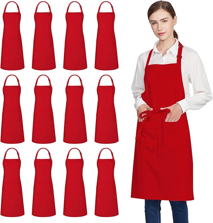 Jubatus 12 Pack 100% Cotton Aprons Bulk with 2 Pockets Cooking Chef Kitchen Adjustable Bib Apron for Women Men, Red