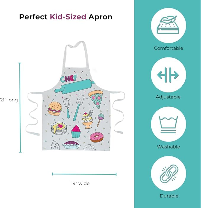 TOVLA JR. Apron Gift Set for Kids with Pocket for Boys and Girls, Comfortable Cotton Canvas for Baking and cooking