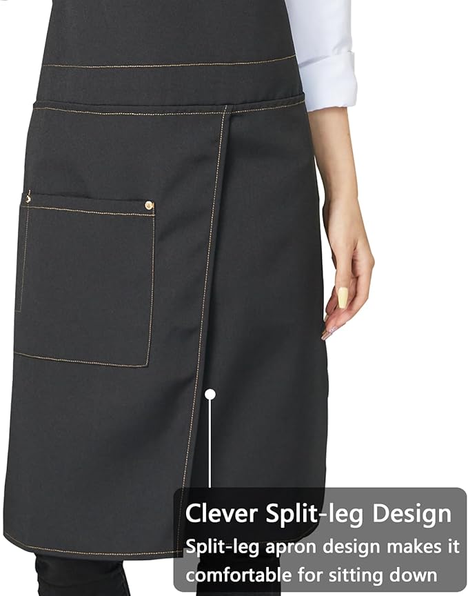 KITCHIEF Pottery Apron Split Leg,Cross Back Chef Apron with Pockets,Painting Apron with Adjustable Straps for Cooking,Baking,BBQ,Ceramic,Gardening(Black)