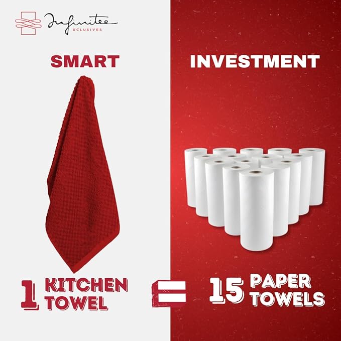 Infinitee Xclusives 100% Cotton Kitchen Towels - 15x25 Inch Ultra Soft Tea Towels, Super Absorbent Terry Dish Towel for Kitchen Linens |Passionate Red|