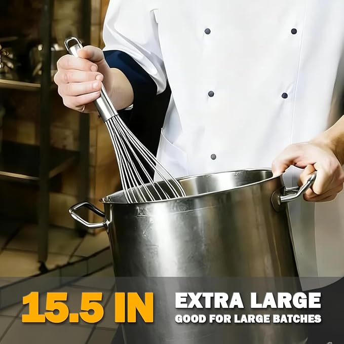 18/10 Stainless Steel Large Whisk Set of 2, 15.5 inch Heavy Duty Long Whisk and 12 inch Whisks, Suitable for Deep Pots or Big Bowl, Mixing, Beating, Blending