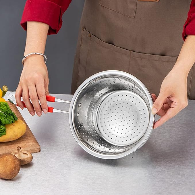 Stainless Steel Perforated Metal Colander Strainer with Long Red Handle Sieve Sifters Use for Kitchen Food Pasta Noodles Spaghetti Vegetables Silver - 10.24 inch (C072-Mer-26)