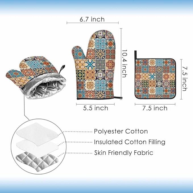 Retro Plaid Oven Mitts and Pot Holders Sets Traditional Ornate Portuguese Style Heat Resistant 3pcs for Cooking Baking BBQ