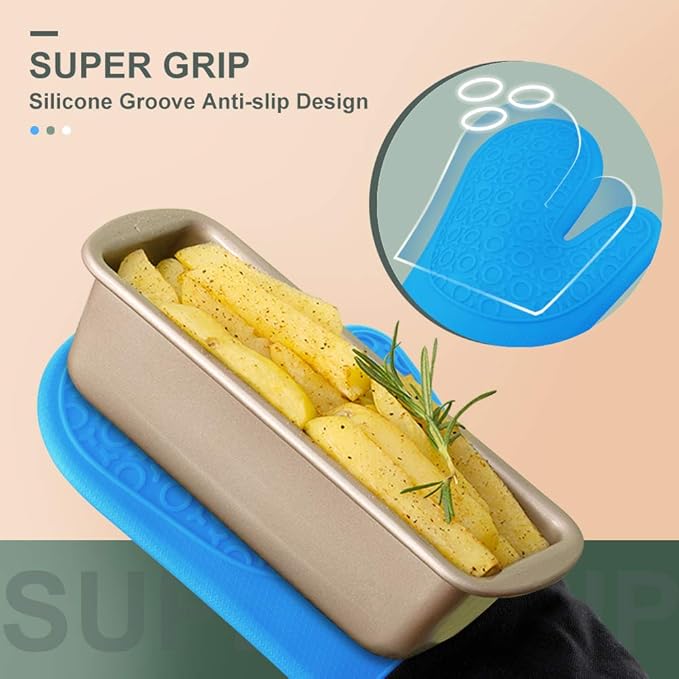 sungwoo Extra Long Silicone Oven Mitts, Heat Resistant Oven Gloves with Quilted Liner Non-Slip Textured Grip Perfect for BBQ, Baking, Cooking and Grilling - 1 Pair 14.6 Inch Blue & Black