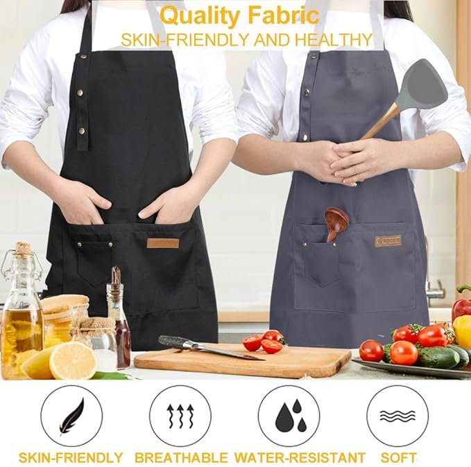 Kitchen Cooking Apron for Women Men with Big Pockets Canvas Waterproof Aprons for Server Pottery Artist Chef Apron