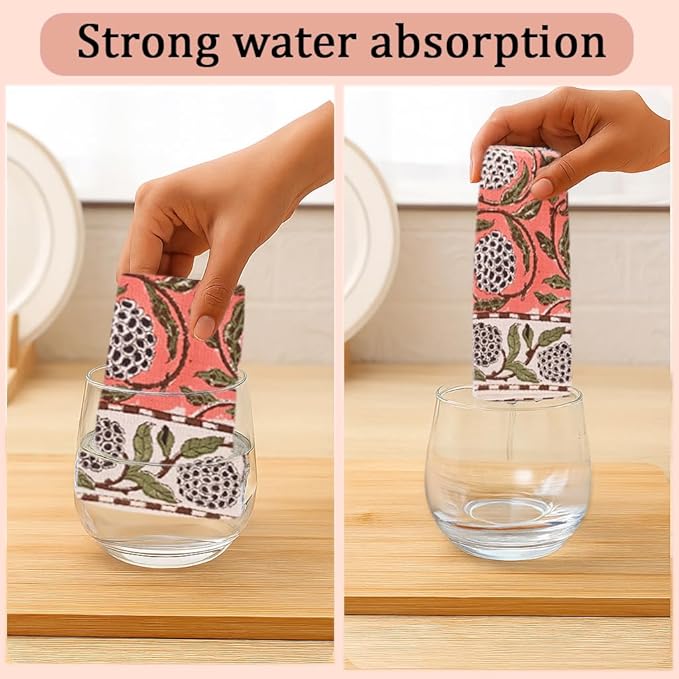Ridhi Dark Salmon Pink Hand Block Print Waffle Kitchen Towel Set of 3-16 x28 Ultra Absorbent Quick Dry 100% Cotton Dish Towels Lightweight Reusable Sustainable Tea Towels for Cleaning and Drying