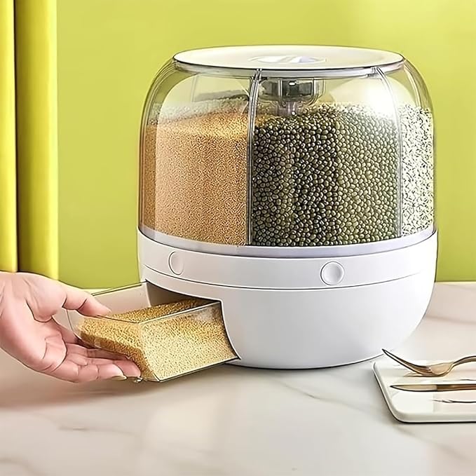 Rotating Grain Storage Bin 6 Grids Rice Container One-Click Output Large Capacity Food Dispenser For Rice Grains Sealed Moisture Proof Organizer (Large)