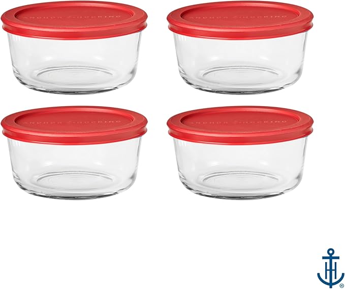Anchor Hocking SnugFitTM Round Food Storage Containers with Lids (4-Piece, 4-cup, Red, oven-safe)
