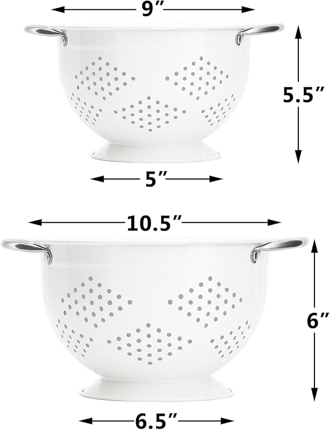 Rorence Powder Coated Steel Colanders: 3 Quart and 5 Quart Set of 2 - White