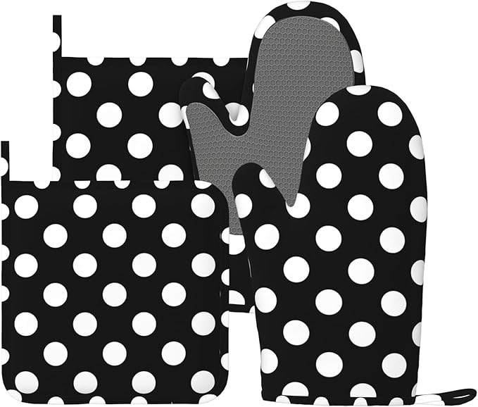 Black White Retro Polka Dot Oven Mitts and Pot Holders Sets of 4, Heat Resistant Silicone Oven Mittens and Potholders Gloves Hot Pads for Kitchen Cooking Baking Grilling BBQ Chef