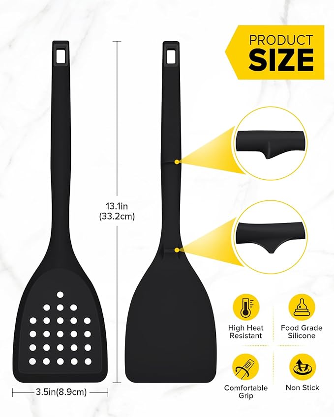Pack of 2 Silicone Spatula Turner, Non Stick Kitchen Spatulas Set with Back Hooks, Heat Resistant BPA Free Kitchen Utensils, Suitable for Flipping Fish, Eggs, Steak, Pancakes(BLACK)