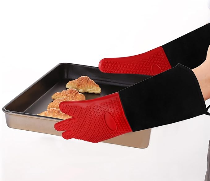 1 Pair Extra Long Professional Oven Mitts, Non-Slip Silicone Grip Heat Resistant,19.7" Length,Up to 572℉ for BBQ Cooking Baking Grilling (Red)