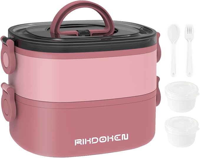 RIKDOKEN Lunch Box, Stackable 2 Layers Containers, Portable 64OZ Large Capacity Leakproof Bento Box with Spoon & Fork & Sauce Boxes, Microwave Safe Lunch Box for Kids and Adults