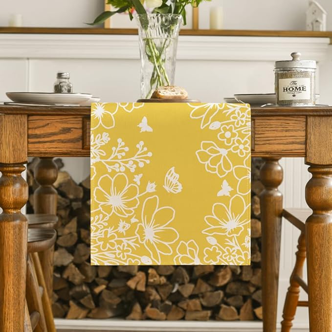 Artoid Mode Yellow Flowers Bloom Butterfly Spring Table Runner, Seasonal Holiday Kitchen Dining Table Decoration for Home Party Indoor 13x90 Inch