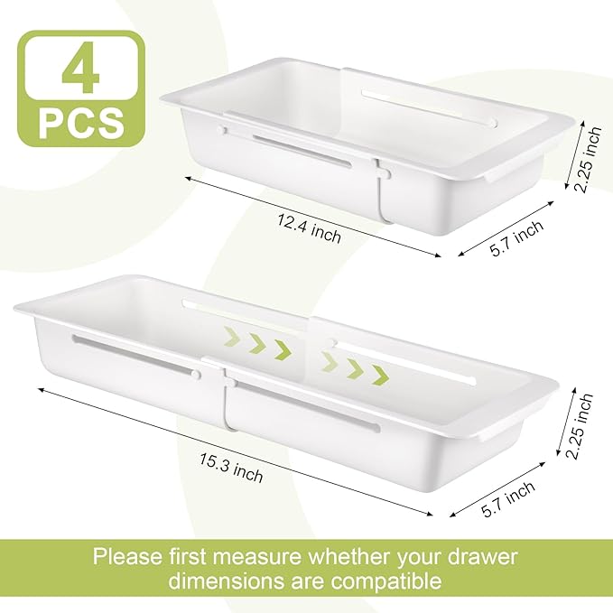 Booson 4 PCS Deep Drawer Organizer Bin Adjustable Sliding Drawer Organizers Expandable Kitchen Organizer Trays for Home Office Makeup Storage Tools
