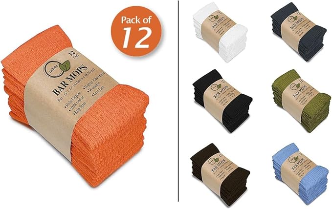 Softolle Bar Mop Towels, Pack of 12-16x19 Inches - 100% Cotton Super Absorbent Towels, Multi-Purpose for Home and Bar Cleaning (Orange)