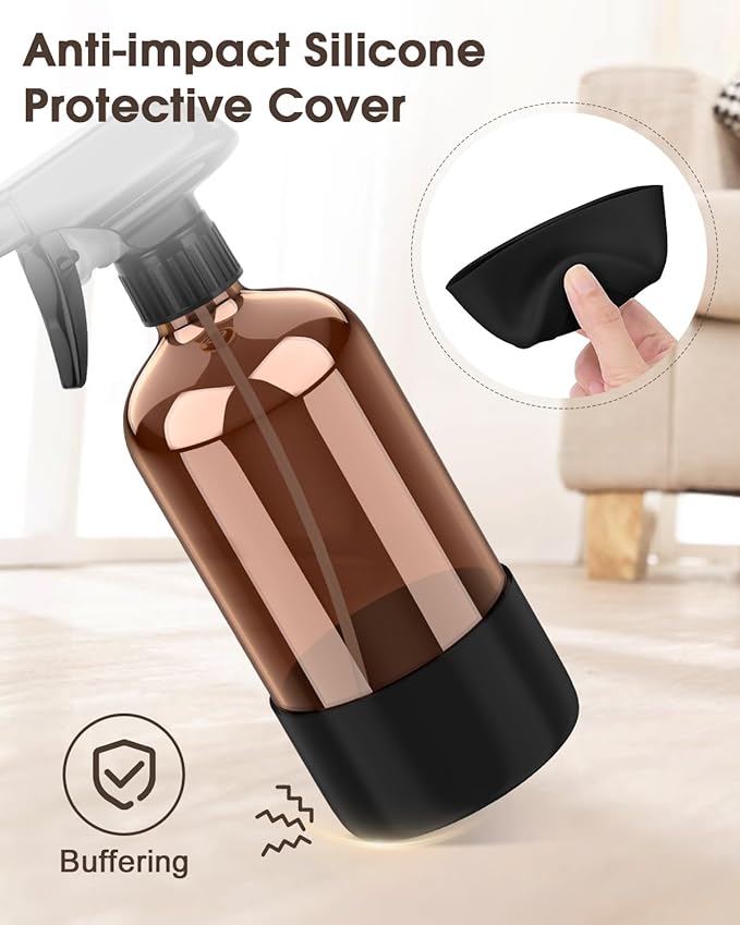 Bontip Glass Spray Bottle with Silicone Sleeve Protection, Amber Glass Spray Bottle Set for Window Cleaner Aromatherapy Facial Hydration Watering Flowers Hair Care 2 Pack/16 oz (Black)