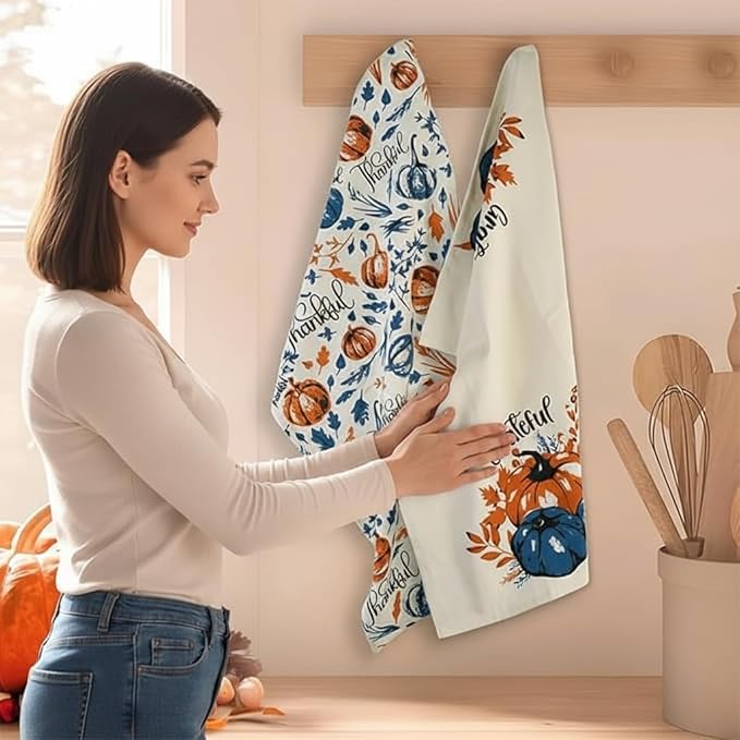 The Fine Living Company Set of 2 Thankful & Grateful Printed Dish Towels, Hand Towels, Boho Tea Towels - Multifunctional, Stylish, Absorbent, Quick Dry, Soft 18" x28", 100% Cotton, Blue & Orange