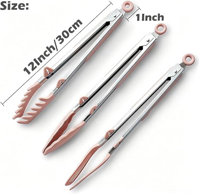 Tongs for Cooking, 12" Kitchen Tongs with Silicone Tips, Food Grade Serving Tongs Set of 3, Pink