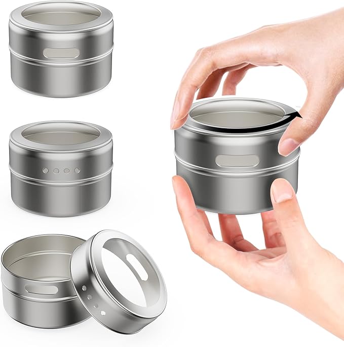 Vetacsion Set of 16 Magnetic Spice Tins with 4 Metal Wall-Plates,100 Preprinted Seasoning Label Stickers,2 Styles for 3 oz Herb Jars