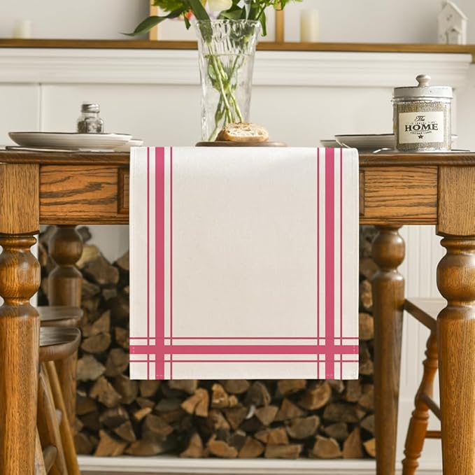 Artoid Mode Pink Simple French Stripe Table Runner, Seasonal Spring Summer Kitchen Dining Table Decoration for Home Party Decor 13x72 Inch