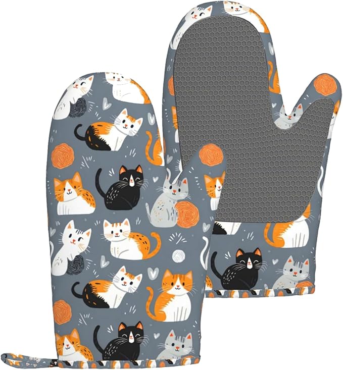 Grey Cat Silicone Oven Mitts Set of 2, Heat Resistant up to 500°F, Kitchen Oven Gloves with Non-Slip Grip and Soft Cotton Lining for Baking, Cooking and BBQ
