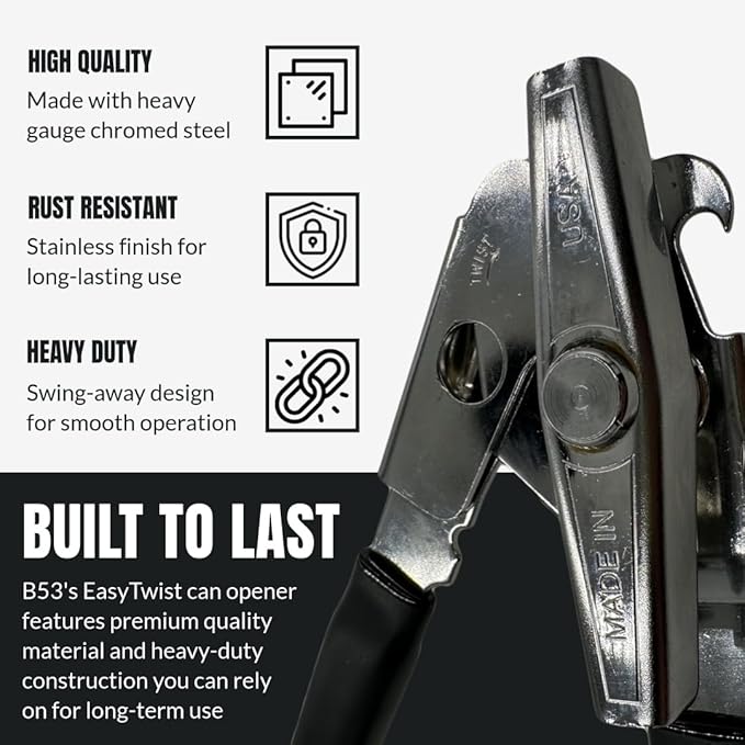 EasyTwist Heavy-Duty Manual Swing Away Can Opener with Carbon Steel Cutting Blade by B53 – Made in the USA – Comfortable Grip, Smooth Operation, Rust-Resistant, Ideal for Home or Commercial Kitchens