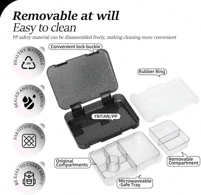 Bento Lunch Box for Kids, Plastic Lunch Box Case, 5/6 Tritan Compartments, BPA free, deal Portion Sizes for On-the-Go Meal, Shiny Black and Clear