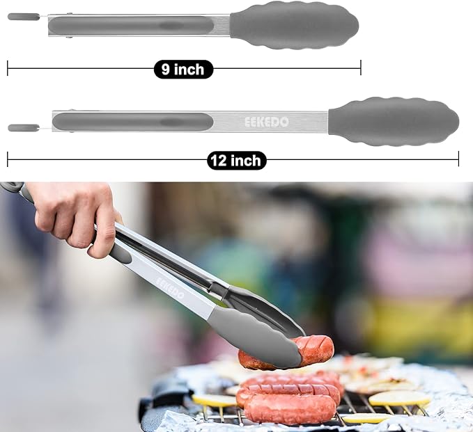Tongs for Cooking, 600ºF High Heat-Resistant Stainless Steel Kitchen Tongs with Silicone Tips, Non Scratch, Locking Tong for BBQ Grilling Air Fryer Food Salads, Set of 2 (9" and 12") Light Grey