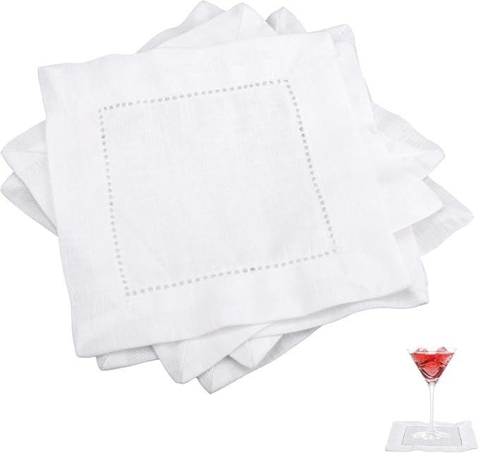 12pcs Linen Cocktail Napkins, 6x6 Inch Reusable Cloth Fabric Serviettes Napkins for Wedding Birthday Baby Shower Party Home Bar Beverage Supplies (White)