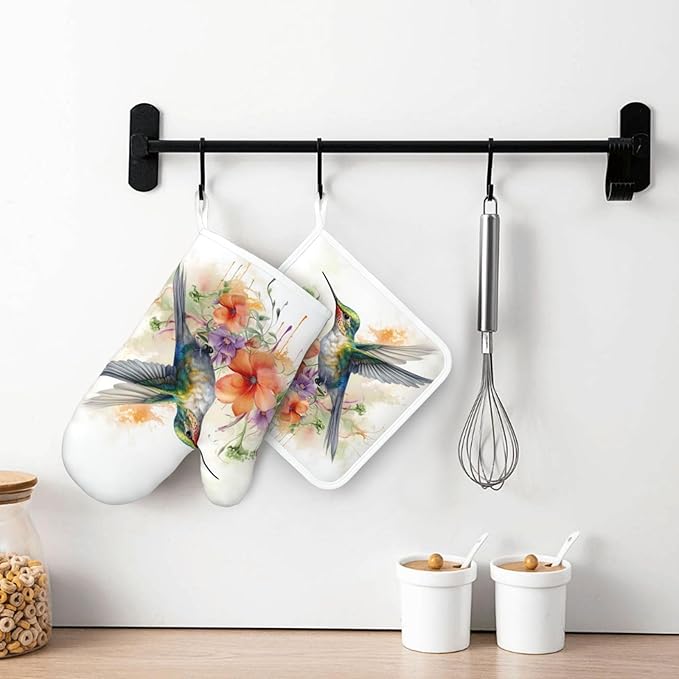 Oven Mitts and Pot Holders Watercolor Hummingbird Flower Silicone Kitchen Accessories Set of 2 Heat Resistant Long Gloves Potholder Non-Slip Grip for Chef Cooking,Baking,Grilling,BBQ